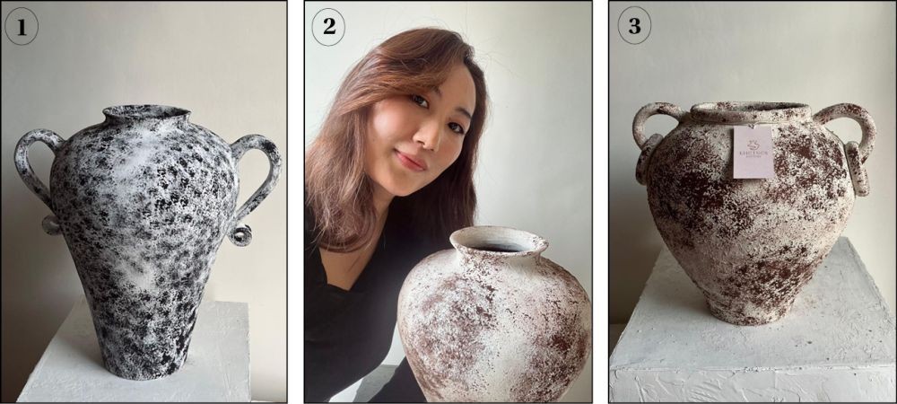 (Pic 1 & 3): Handcrafted pots displayed at Khetsen Pottery studio in Wokha. (Pic 2): Renchumlo Murry, founder of Khetsen Pottery, poses with one of her handcrafted creations at her studio in Wokha.
